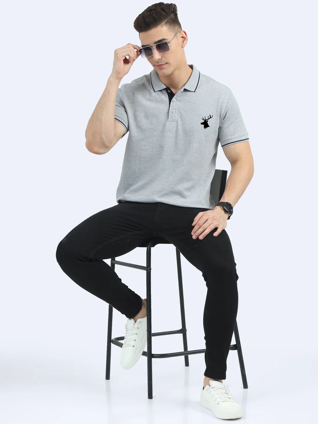 Wearock Stag Polo Tshirt - Grey with Black Tipping - Image 4