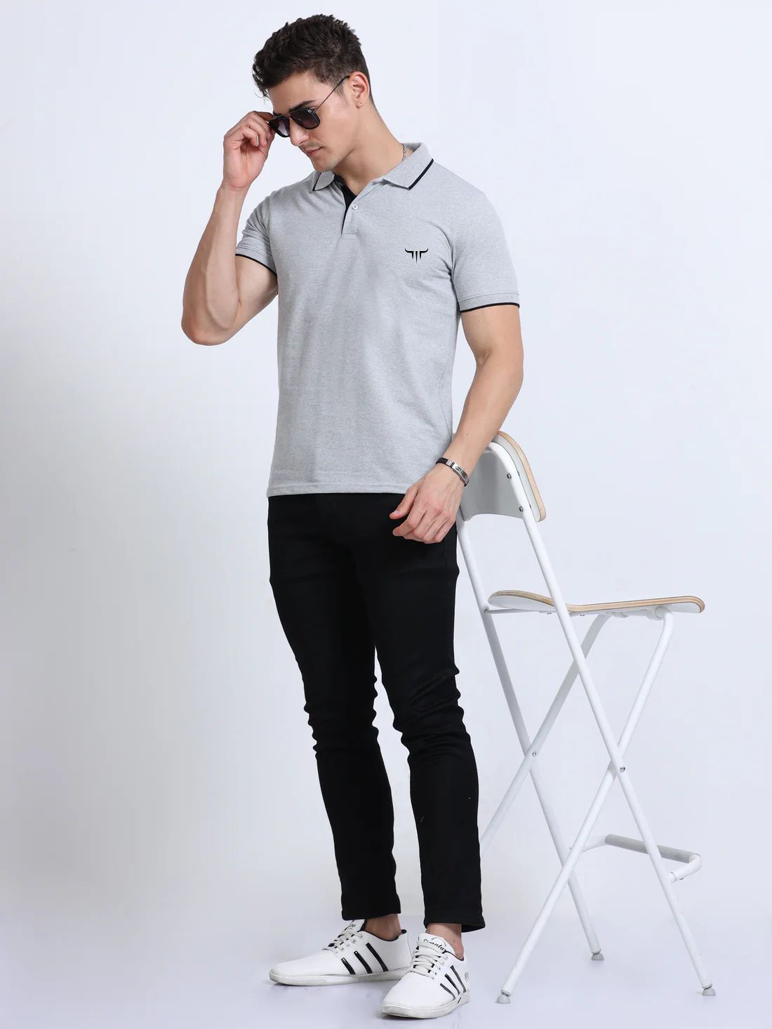 Titan Polo T-Shirt Grey Melange Black Tipping EcoBlend - Image 3