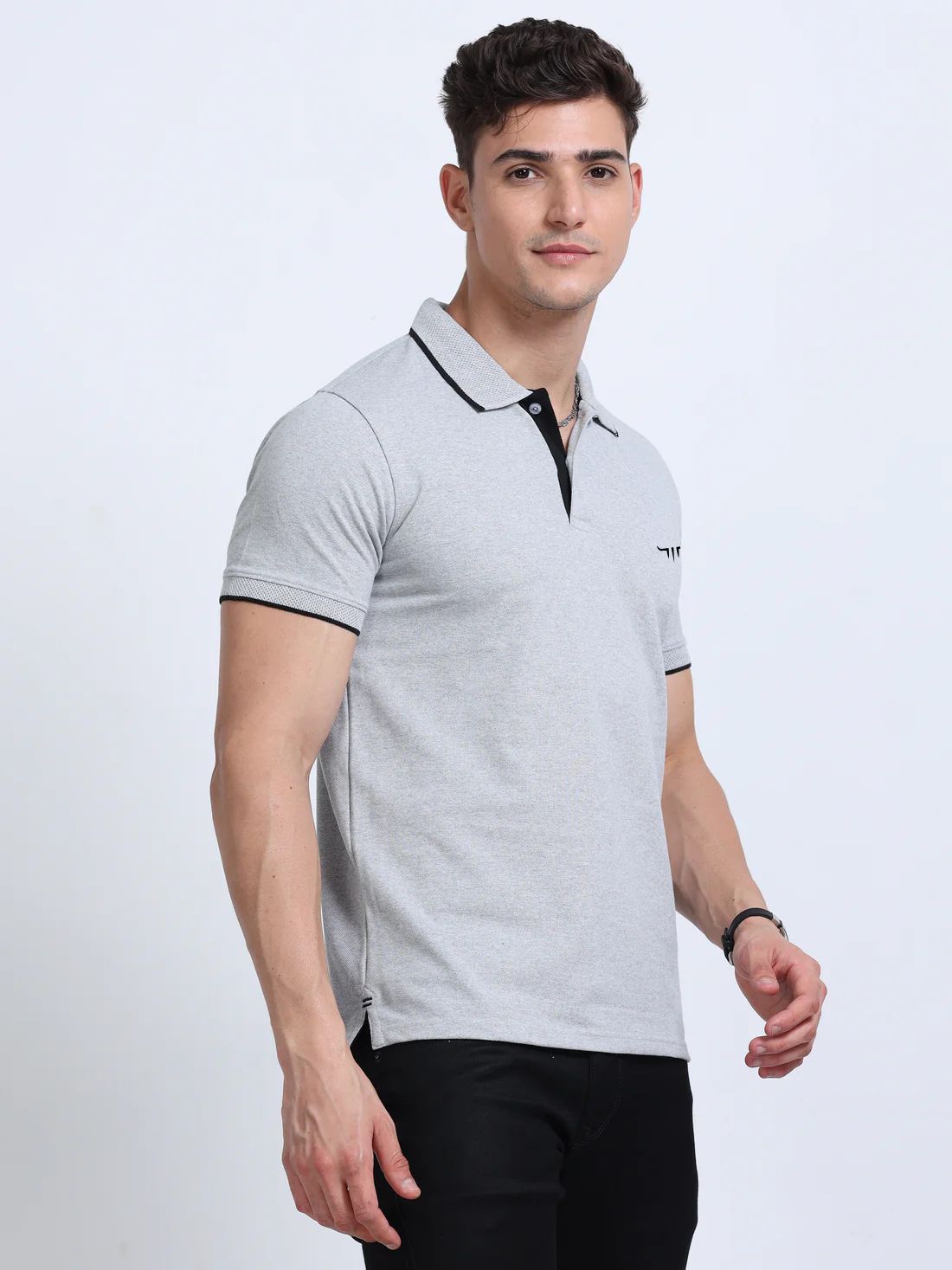 Titan Polo T-Shirt Grey Melange Black Tipping EcoBlend - Image 4