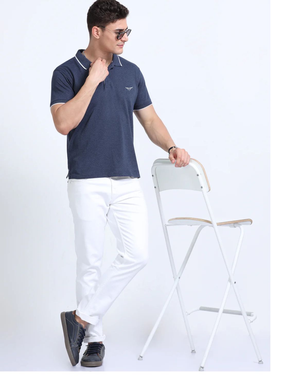 Titan Polo T-Shirt Navy Melange White Tipping EcoBlend - Image 4