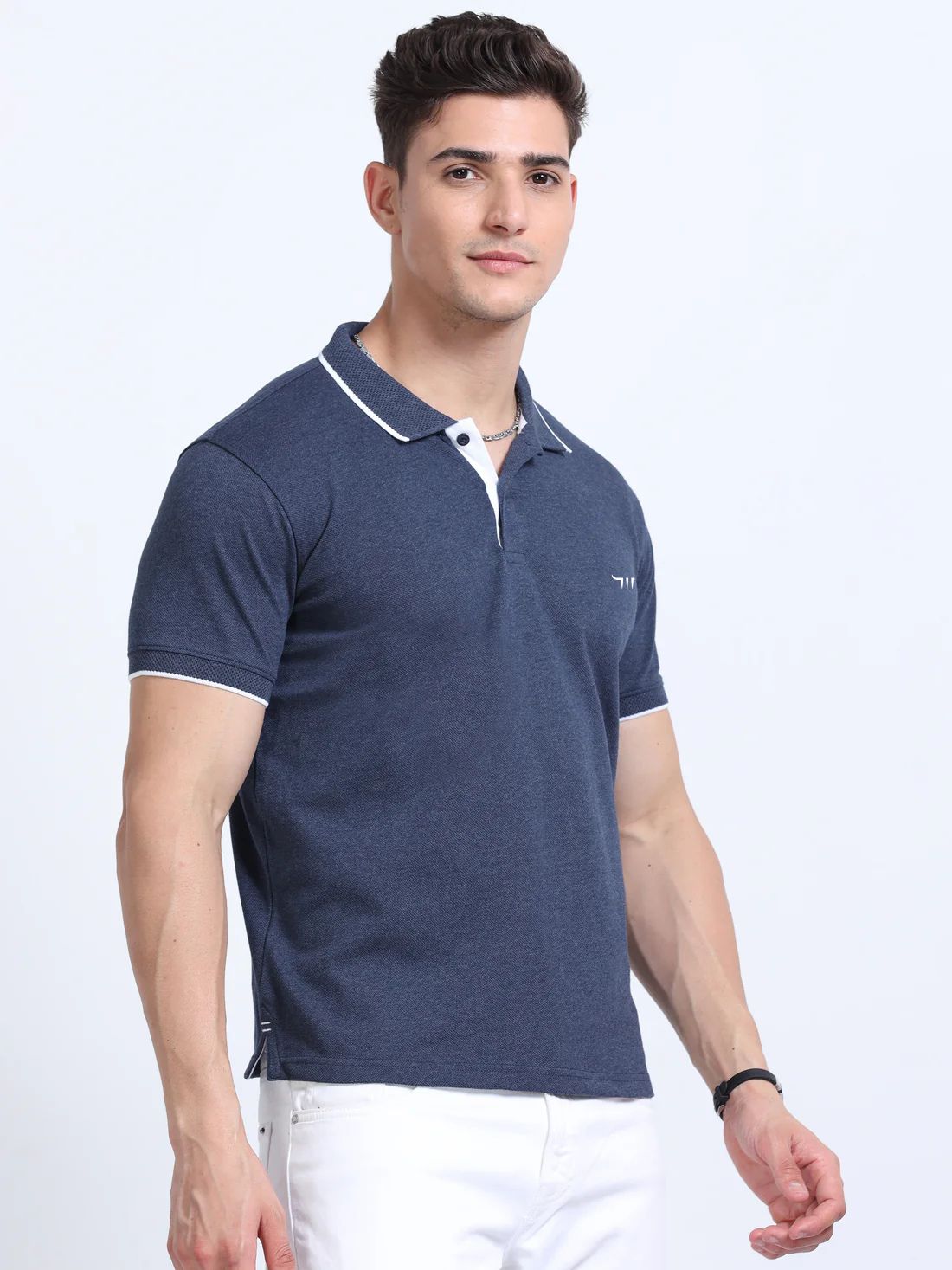 Titan Polo T-Shirt Navy Melange White Tipping EcoBlend - Image 3