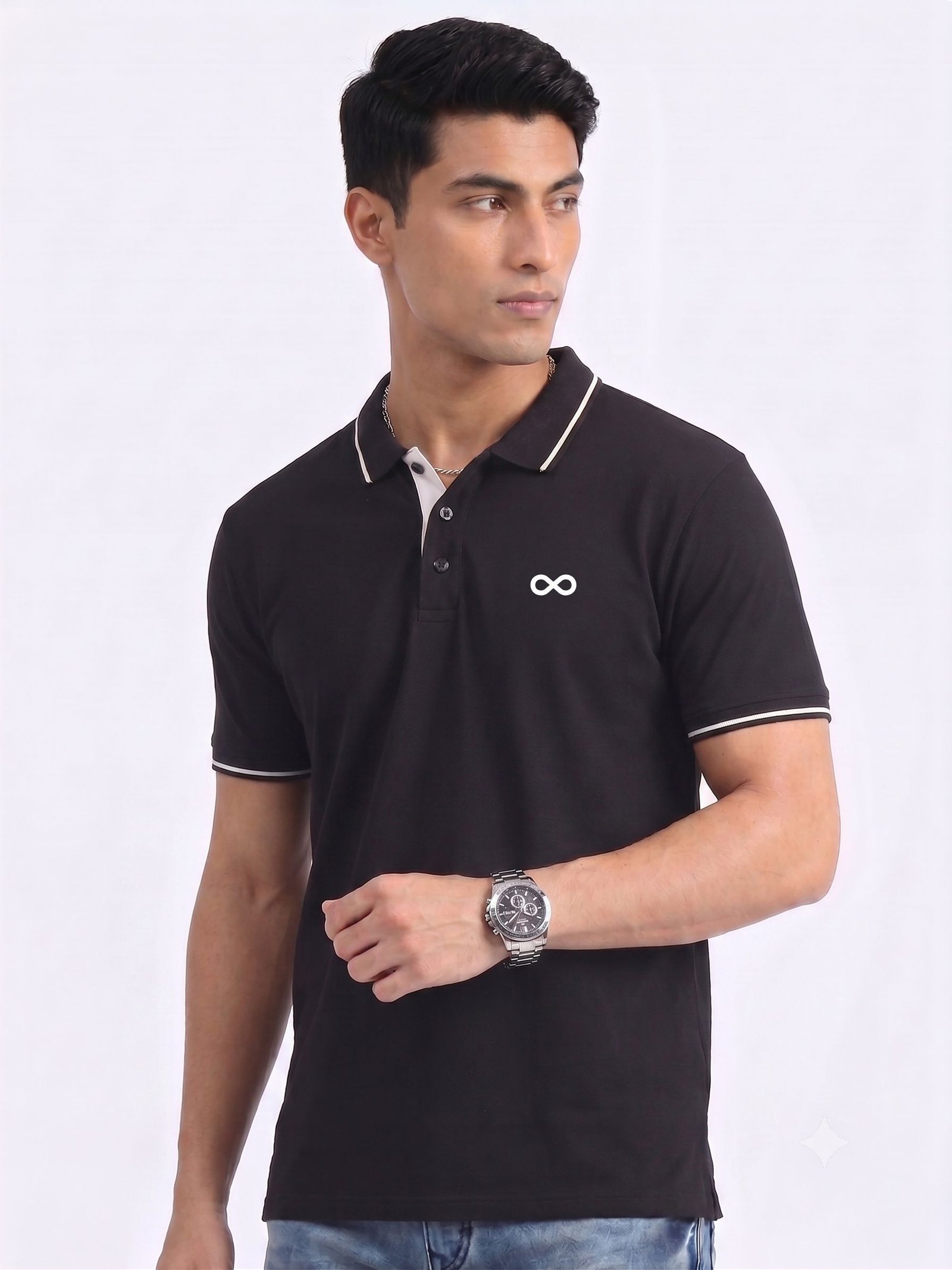 ENIGMA Edition black polo t-shirt side view